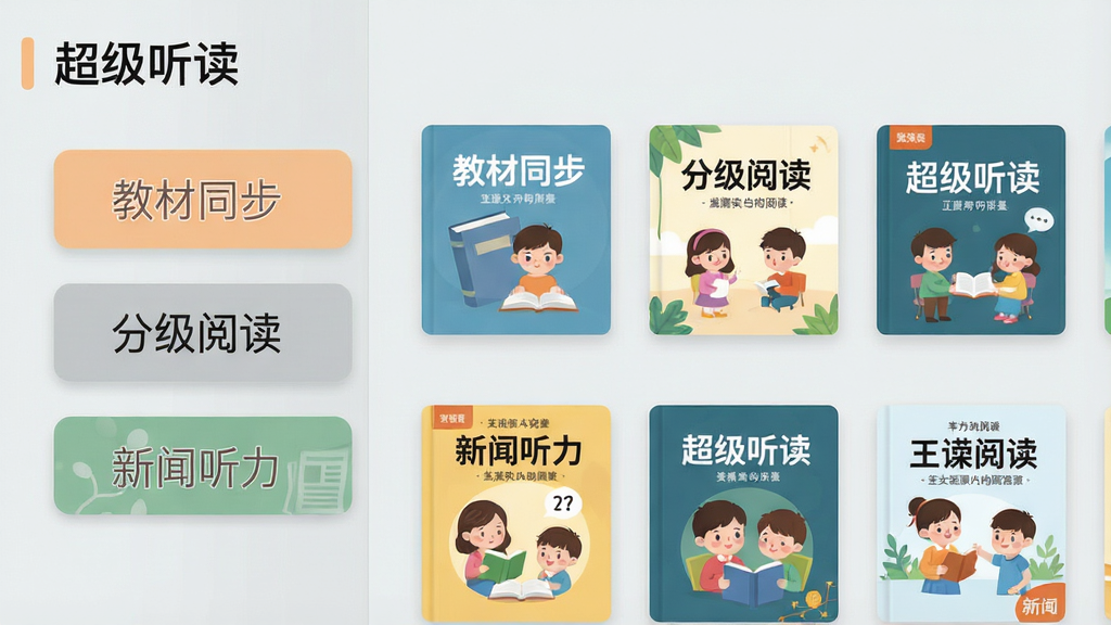 一张展示“超级听读”App内资源分类界面的图片,左侧为“教材同步”“分级阅读”“新闻听力”等分类标签,右侧显示对应的资源封面缩略图,背景为浅灰色,整体布局整齐,色彩柔和,突出资源的丰富性和分类清晰,画质干净,无多余元素