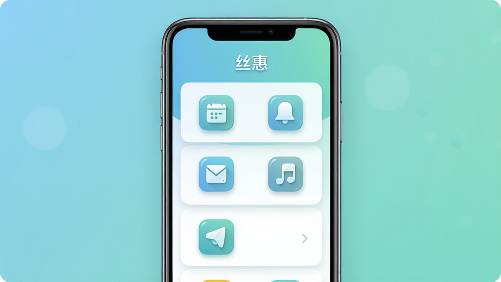 高清数字插画风格,画面主体为一部正在运行丝惠应用的智能手机,屏幕中展示简洁的功能列表图标,背景以柔和的蓝绿色渐变为主,布局居中,排版清爽,风格现代扁平化,细节包含图标阴影与高光,画质清晰干净,无多余元素,文字标注“丝惠”应用名称