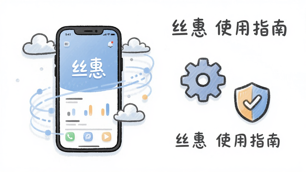 使用指南场景插图,主体为一部手机和旁边的小工具图标,布局为左右结构,左侧是手机屏幕显示丝惠主界面,右侧是设置齿轮与盾牌图标,排版简洁,风格清新手绘风,细节包含云朵与数据流线条,画质柔和干净,无多余元素,文字标注“丝惠 使用指南”