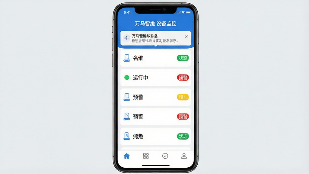 ���壺������ά�������ֻ��ϵ������豸���ҳ�棬չʾ��̨�豸ͼ����ʵʱ״̬�����֣��ֻ���Ļ���У���Ļ��Ϊ�豸�б���ÿ���豸������ɫ/��ɫ״̬Բ�㣬�ײ��е��������Ű棺�б�ʽ���֣������������Ϊ�豸���ƣ��Ҳ�Ϊ״̬��ǩ����񣺼�Լ�Ƽ��磬������ɫ��ͼ��������Է�񣬱���Ϊǳ��ɫ��ϸ�ڣ���Ļ������ʾ��������ά �豸��ء�������һ̨�豸״̬Ϊ�������С�����һ̨Ϊ��Ԥ������������������Ϣ��������ʣ����壬�ɾ��޶���Ԫ�ء�