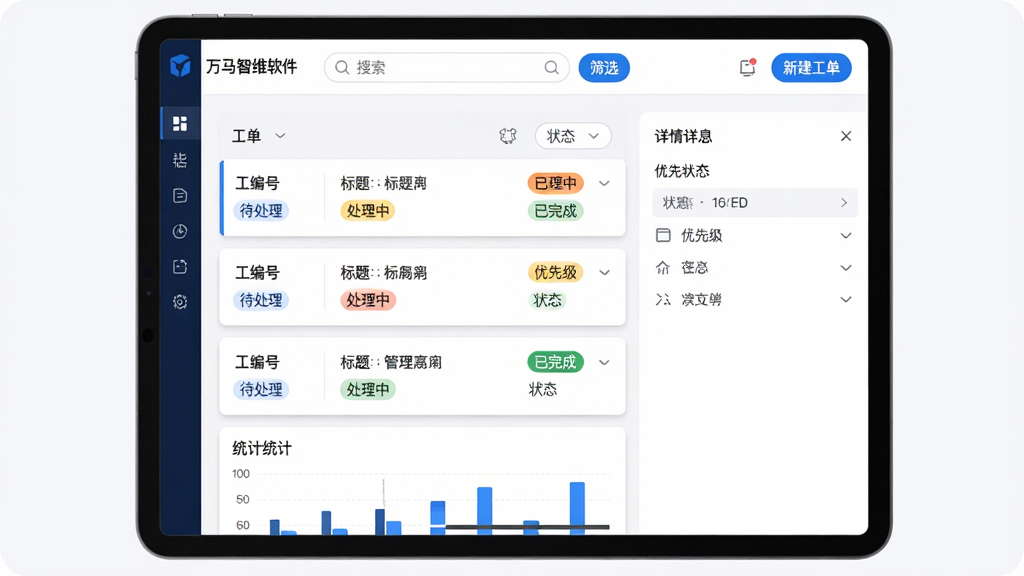 ���壺������ά�����Ĺ����������棬չʾ�����б���״̬��ǩ�����֣�ƽ���豸����չʾ�����Ϊ�����б����Ҳ�Ϊ������壬��������������ɸѡ��ť���Ű棺��Ƭʽ���֣�ÿ��������Ƭ��ʾ��š����⡢���ȼ���״̬��״̬�ò�ͬ��ɫ��ǩ���֡���������࣬��ɫ��������ɫ��׺����Ƭ����΢��Ӱ��ϸ�ڣ�����״̬���������������������С�������ɡ������Ͻ��С��½���������ť��ҳ��ײ���ͳ��ͼ�������ʣ����壬�ɾ��޶���Ԫ�ء�