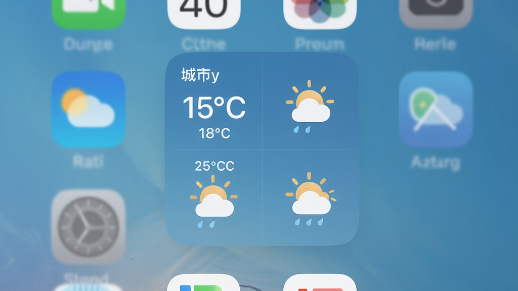 主体:准观天气助手在手机桌面上显示小组件的场景,背景为简洁的桌面壁纸。布局:手机屏幕中央放置一个4x2尺寸的天气小组件,显示城市、温度与天气图标。排版:小组件信息清晰,与桌面其他图标协调。风格:简约生活风格,色彩温和。细节:温度数字清晰,天气图标圆润,桌面壁纸为渐变蓝色。画质:高清干净,无多余元素。