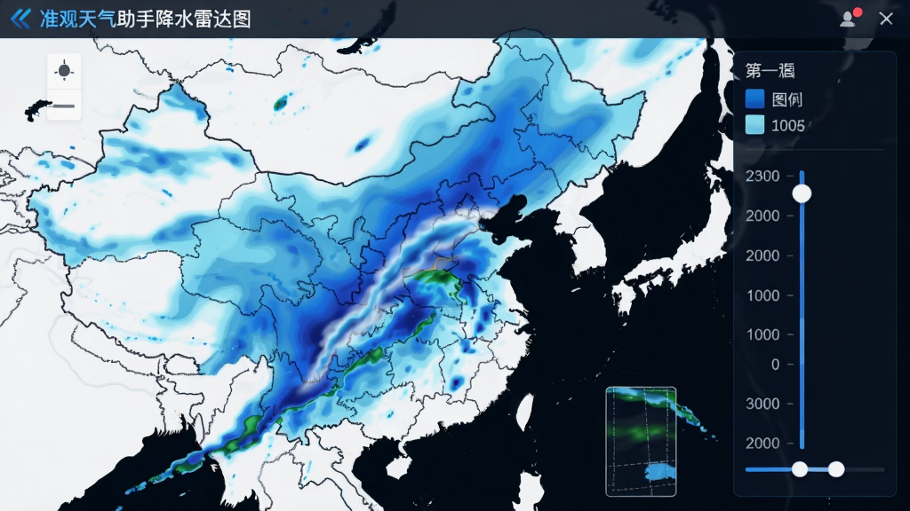 主体:准观天气助手降水雷达图界面,地图上显示降雨云团移动轨迹。布局:地图居中,降雨区域用蓝色渐变标记,右侧有图例与时间轴。排版:地图清晰,时间轴可拖动,信息直观。风格:科技感十足,色彩对比鲜明。细节:云团动态效果逼真,时间刻度精确。画质:高清流畅,干净无多余元素。