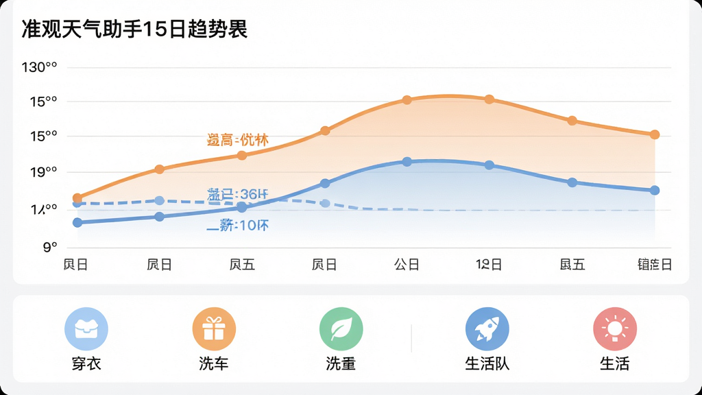 主体:准观天气助手15日趋势界面,折线图展示温度变化,下方生活指数图标排列。布局:上半部为温度曲线,纵轴温度值,横轴日期;下半部为穿衣、洗车等指数图标。排版:曲线平滑,图标清晰,配色柔和。风格:简约商务风格,信息易读。细节:曲线颜色区分最高温与最低温,指数图标带文字标注。画质:高清干净,无多余元素。