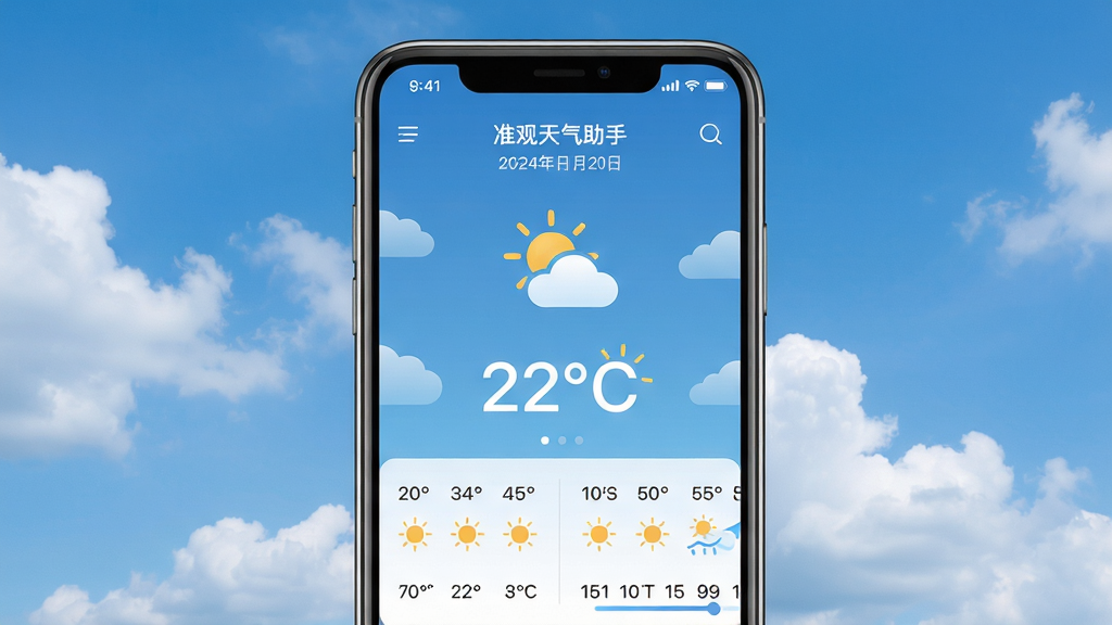 主体:准观天气助手App界面展示,手机上显示晴朗天气与温度信息,背景为蓝天白云。布局:手机居中,界面清晰,上方显示城市名称与日期,中部突出温度与天气图标,下方排列小时预报与15日趋势。排版:简洁明快,信息层级分明。风格:现代扁平化设计,色彩清新自然。细节:温度数字醒目,天气图标精致,界面无多余图标。画质:高清细腻,干净无多余元素。