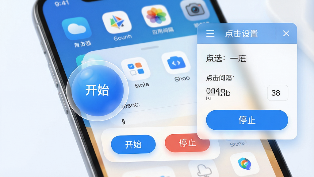 主体:自动点击器+应用主界面,展示悬浮球与点击设置面板;布局:界面居中,功能按钮排列清晰;排版:现代感UI设计,图标简洁;风格:科技蓝与白色搭配,明亮通透;细节:屏幕上显示“开始”“停止”按钮与点击间隔参数,背景可看到手机桌面图标;画质:高清渲染,干净,无多余元素