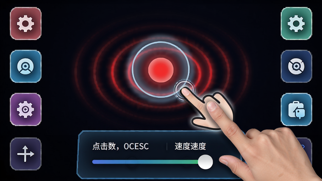 主体:自动点击器+运行界面,手指点击屏幕的动画效果;布局:屏幕中央有红色点击波点,下方有控制面板;排版:左右对称,功能图标整齐排列;风格:动态科技感,色彩鲜艳;细节:点击波点周围有光晕,控制面板显示点击次数与速度调节滑块;画质:高清动态渲染,干净,无多余元素