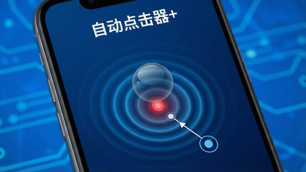 主体:手机上运行自动点击器+,显示悬浮球与点击轨迹;布局:屏幕中央有红色点击点,周围有光圈;排版:简洁明快,突出点击效果;风格:动态科技感,蓝色背景;细节:点击点周围有涟漪效果,屏幕上方显示“自动点击器+”字样;画质:高清渲染,干净,无多余元素