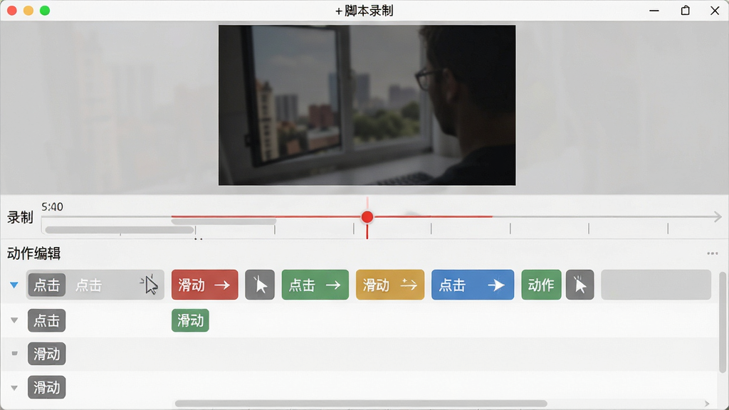 主体:自动点击器+脚本录制界面,显示录制时间轴与动作列表;布局:上方为预览窗口,下方为动作编辑区;排版:时间轴横向延伸,动作块状排列;风格:简洁编辑器风格,灰白背景;细节:动作列表包含“点击”“滑动”标签,时间轴有红色录制指示灯;画质:高清界面截图风格,干净,无多余元素