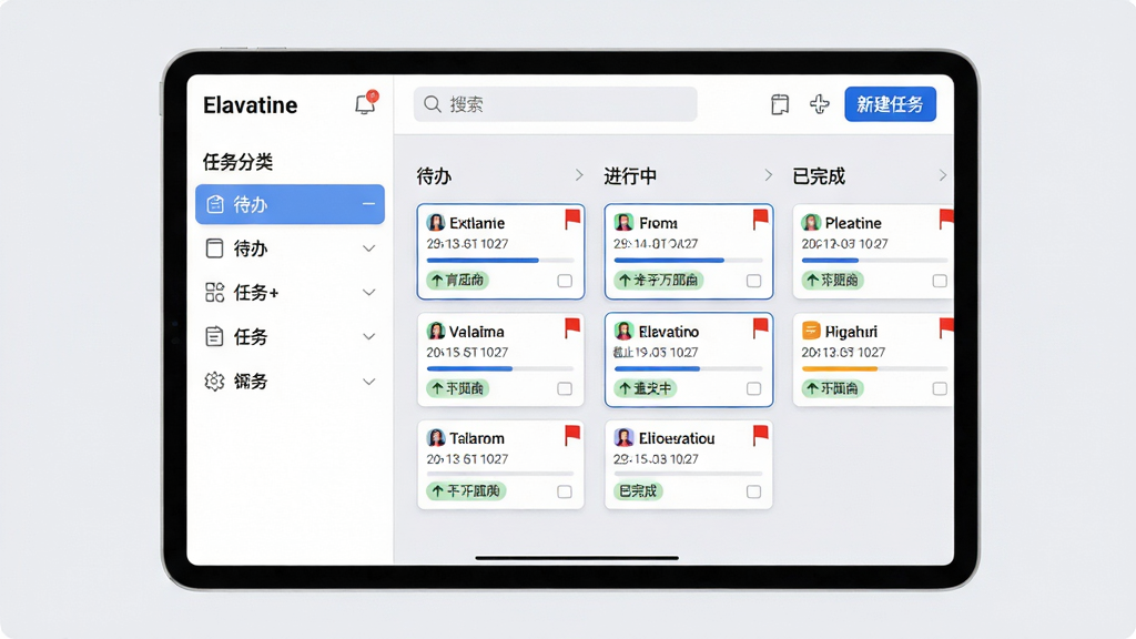 ���壺Elavatine������ƽ���豸��չʾ����������棬�������������б����Ҳ��ǿ�����ͼ������Ƭ�����ȼ����С����֣������Ϊ�����족���������С���������ɡ����У���Ƭ���н��������ǩ���Ű棺�������������롰�½����񡱰�ť��������Ϣ�ܶ����С������ˬ��ǳ�ұ�������Ƭ��ɫ����ɫ�߿�ͼ�����Է��ϸ�ڣ�����Ƭ��ʾ���⡢��ֹ���ں����ȼ�С���죬�����������������ʣ�������Ⱦ���޶���Ԫ�ء�