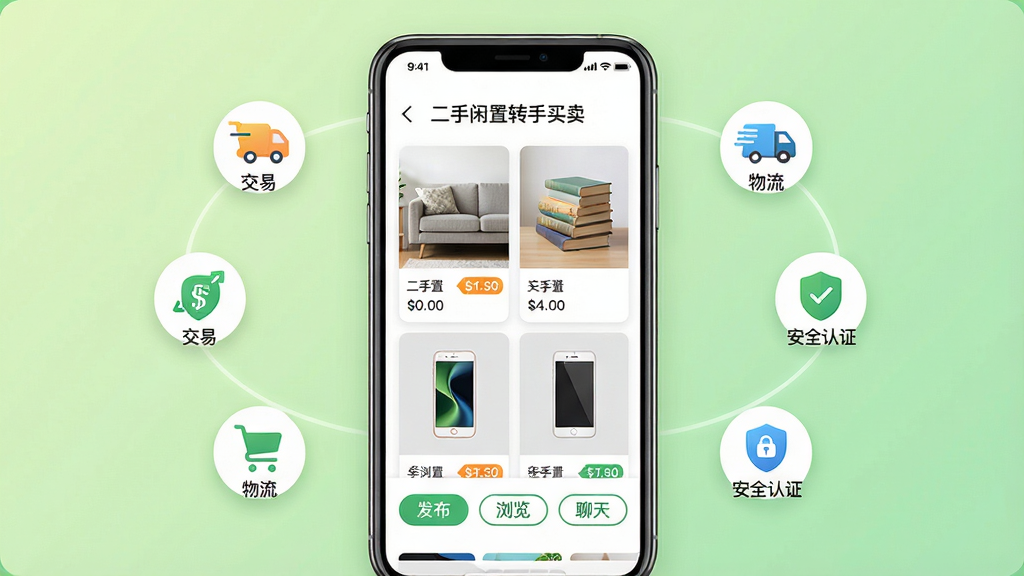 主体:手机屏幕展示二手闲置转手买卖应用界面,界面中央有沙发、书籍、手机等闲置物品的图片卡片,卡片上标有价格标签。布局:手机位于画面中心,周围环绕几个小图标代表交易、物流、安全认证。排版:简洁现代,卡片式布局,功能图标排列整齐。风格:清新自然,色彩明快,背景为浅绿色渐变。细节:手机屏幕中显示“二手闲置转手买卖”字样,下方有“发布”“浏览”“聊天”等按钮。画质:高清,干净,无多余元素。