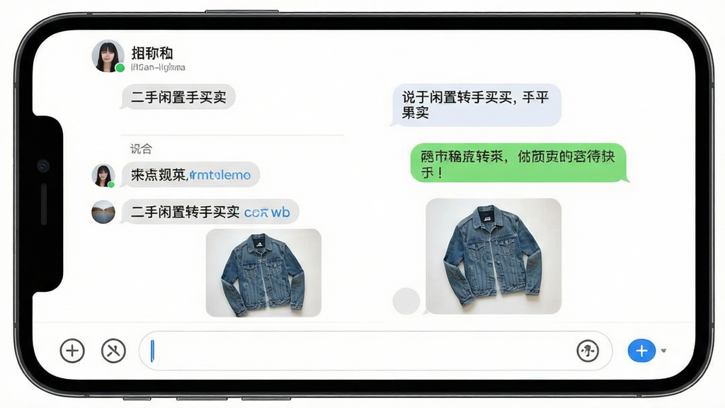 主体:手机屏幕显示二手闲置转手买卖的聊天界面,双方对话气泡,包含文字和图片,图片为一件衣服。布局:聊天列表全屏展示,底部有输入框。排版:气泡式对话,左右分明。风格:简洁清爽,背景白色。细节:顶部显示对方昵称,输入框旁有“+”号图标。画质:高清,干净,无多余元素。