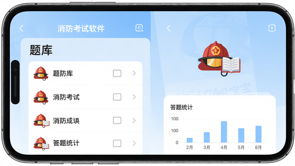 消防考试宝软件主界面展示,手机屏幕中显示题库列表与答题统计页面,界面简洁清晰,背景为浅蓝色调,图标包含消防头盔与书本元素,整体风格现代扁平化,画质高清干净,无多余元素