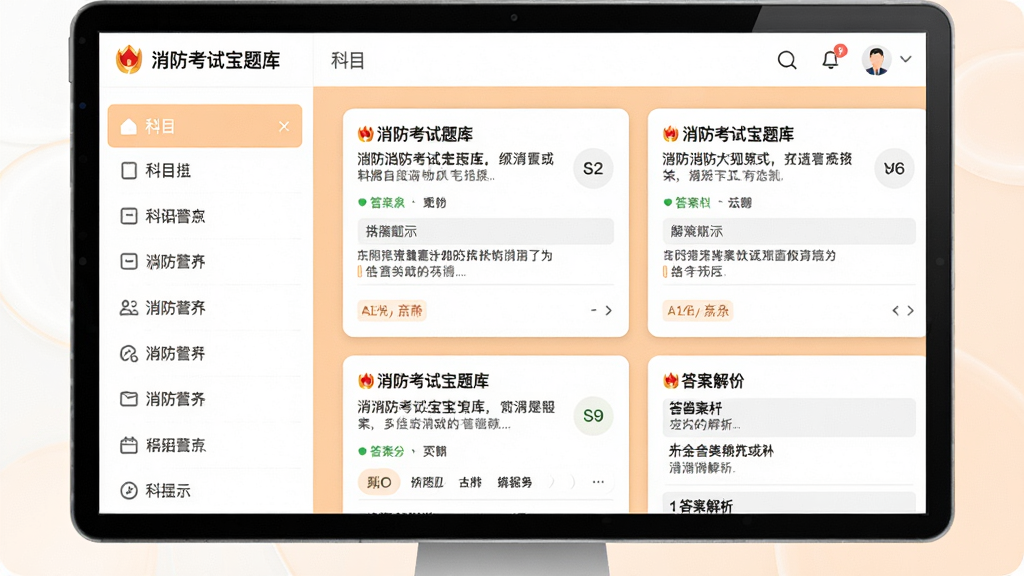 消防考试宝题库页面截图,左侧显示科目分类列表,右侧展示题目卡片与答案解析,背景为白色与浅橙色搭配,界面设计清爽,细节丰富,画质清晰,无多余元素
