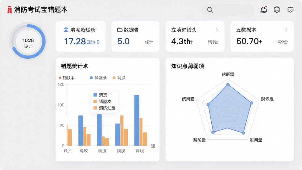 消防考试宝错题本功能界面,展示错题统计图表与知识点薄弱项雷达图,背景为浅灰色,界面包含进度环与数据卡片,风格简约商务,画质干净,无多余元素