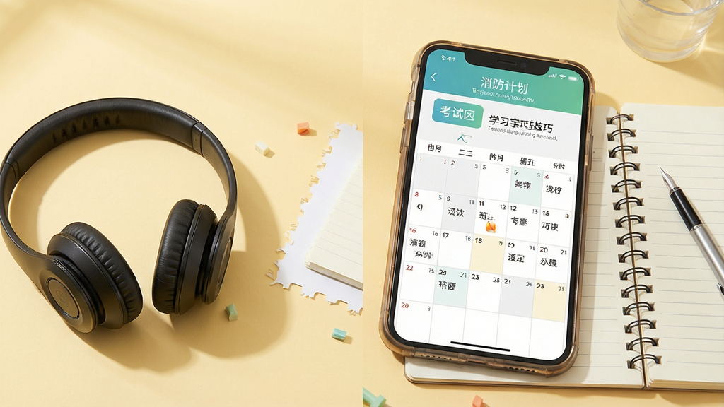 消防考试宝使用技巧示意,手机旁放置耳机与笔记本,屏幕显示学习计划日历,背景淡黄色,风格清新,画质干净,无多余元素