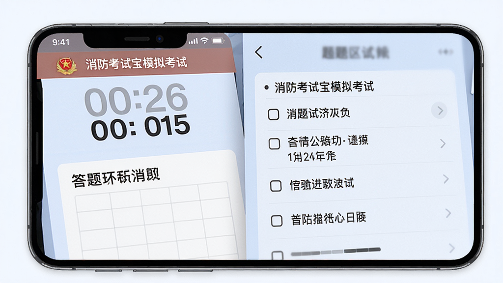 消防考试宝模拟考试界面,手机屏幕上显示倒计时与答题卡,右侧有题目选项,背景为淡蓝色,界面简洁大方,画质高清,无多余元素