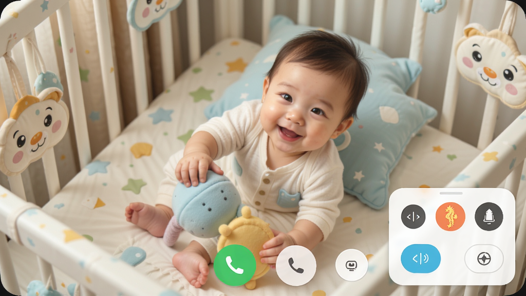 ��������Ϊ�����ֱ�APP����Ƶ��ؽ��棬��ʾ������Ӥ��������ˣ��ʵʱ���棬�����·���ͨ����ť�ͽǶȵ��ڰ�ť�����ֲ���ȫ����ػ��棬���½�����������壬��������ܰ������ϸ�ڰ��������б����ɰ��ı��顢�����Ŀ���ͼ�꣬���ʸ���ɾ����޶���Ԫ�ء�