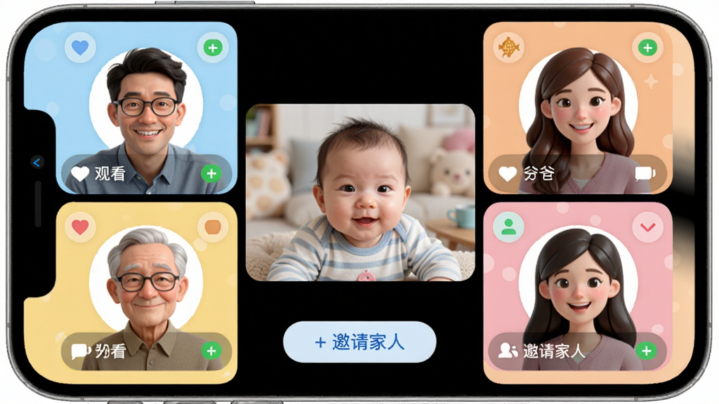 ��������Ϊ�����ֱ�APP�Ķ��˹������棬��Ļ����Ϊ�ĸ�С���ڣ��ֱ���ʾ�ְ֡����衢үү�����̵�ͷ��͹ۿ�״̬�������Ǳ���ʵʱ��ػ��档���ֲ�������״�ֲ��������������ܰ��ϸ�ڰ���ÿ��ͷ���Ե�״̬ͼ��͵ײ���+������ˡ���ť�����ʸ���ɾ����޶���Ԫ�ء�