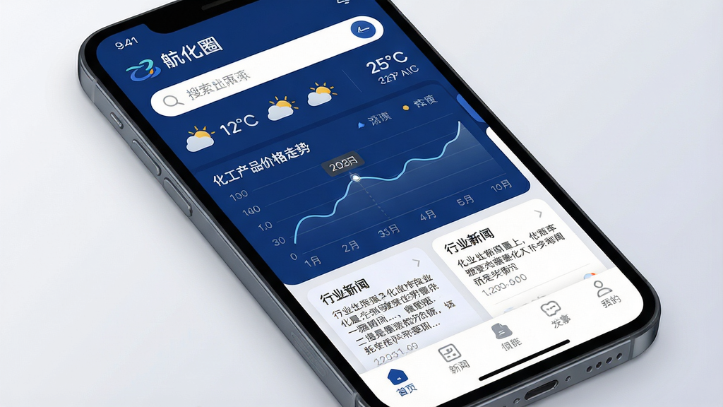 一幅现代感十足的智能手机屏幕特写,屏幕界面清晰显示“航化圈”APP首页,顶部为搜索栏与天气信息,中部是化工产品价格走势折线图与行业新闻资讯卡片,底部为导航栏。整体布局简洁商务,以深蓝色和白色为主色调,界面图标圆润精致,背景为干净的浅灰色渐变,画质高清,光线均匀,突出APP界面细节,干净无多余元素。