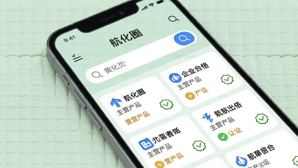 手机屏幕展示航化圈APP的企业黄页搜索界面,屏幕中央是一个搜索框,下方是排列整齐的企业卡片列表,卡片上显示企业名称、主营产品和认证标识,背景为淡绿色网格纹理,整体风格简洁商务,图标和文字清晰可辨,画质锐利,光线柔和,无多余装饰元素。