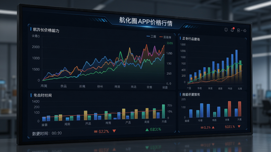 一块大型显示屏上展示航化圈APP的价格行情页面,页面主体是彩色折线图与柱状图,显示不同化工产品的价格走势,图表下方有数据更新时间和涨跌颜色标注,整体界面采用深色主题,数据可视化效果出色,科技感强,画质细腻,干净整洁,无多余元素。