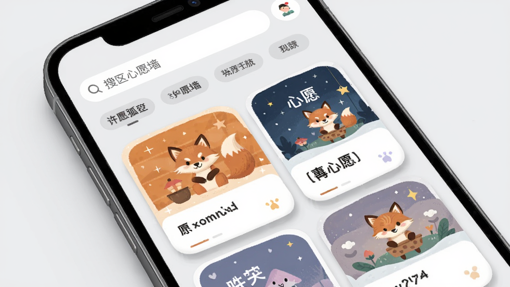 ��Ը��������Ըǽ���棬�ֻ���Ļչʾ�ٲ�����Ƭ��ÿ�ſ�Ƭ���в�ͬ����Ը���ֺ���ͼ���������������ͱ�ǩ���࣬����Ϊǳ��ɫ����Ƭ��Բ����Ӱ��������ˬ����ƽ����ƣ��߻���