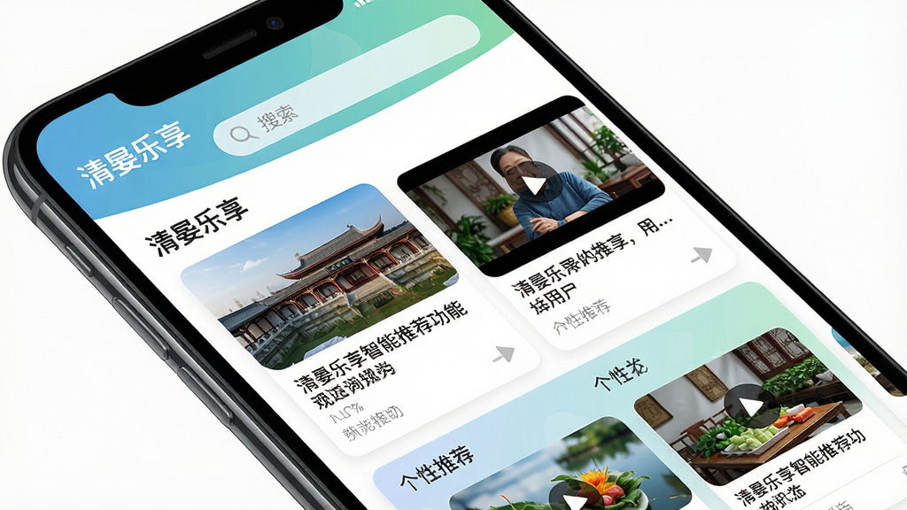 一张展示清晏乐享智能推荐功能的界面截图,手机屏幕上展示着根据用户喜好排列的新闻卡片、视频缩略图和个性化推荐模块,每张卡片都带有精美的配图和简短的标题,界面布局清晰,色彩搭配舒适,屏幕上方显示