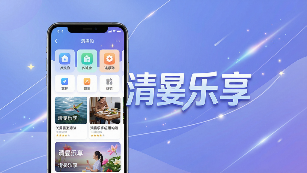 一张展示清晏乐享应用核心功能的宽幅宣传图,画面中心是一部亮屏的智能手机,屏幕界面清晰显示着分类齐全的功能图标、精美的内容推荐卡片以及醒目的