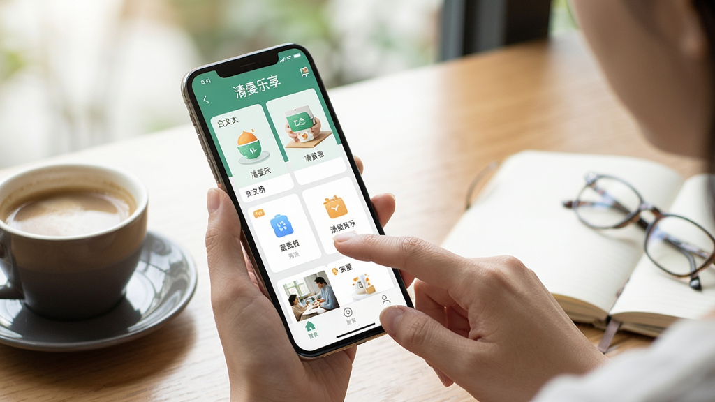 一张展示用户正在手机上操作清晏乐享应用的场景图,手指点击屏幕上的功能图标,手机屏幕中清晰显示着
