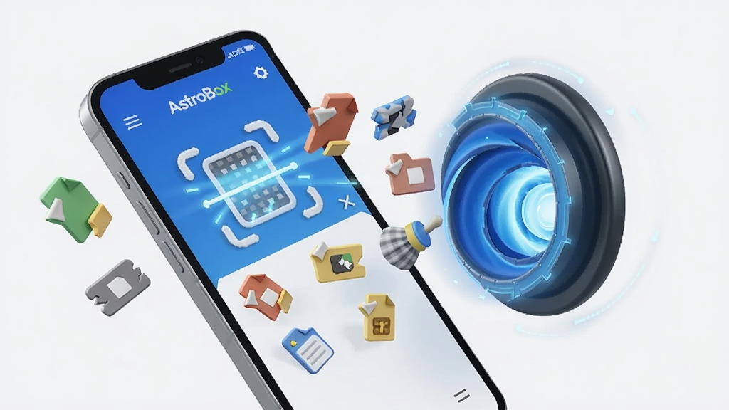 一幅展示AstroBoxapp手机垃圾清理功能的3D概念图,主体是手机屏幕内显示扫描和清理动画,周围有代表垃圾文件的碎片化图标正在被吸入一个蓝色的净化漩涡,布局有动感,排版简洁,科技感风格,细节精细,画质清晰,无多余元素