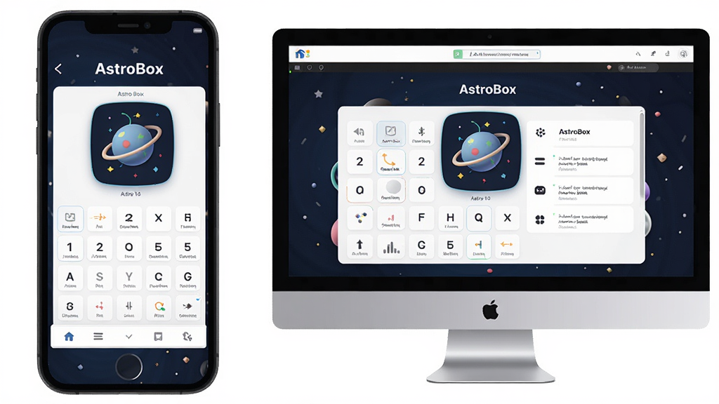 一张展示AstroBoxapp在手机和电脑模拟器上运行对比的场景图,主体是左侧手机、右侧电脑,屏幕上都显示AstroBoxapp主界面,布局为左右构图,风格写实,细节丰富,画质清晰,无多余元素