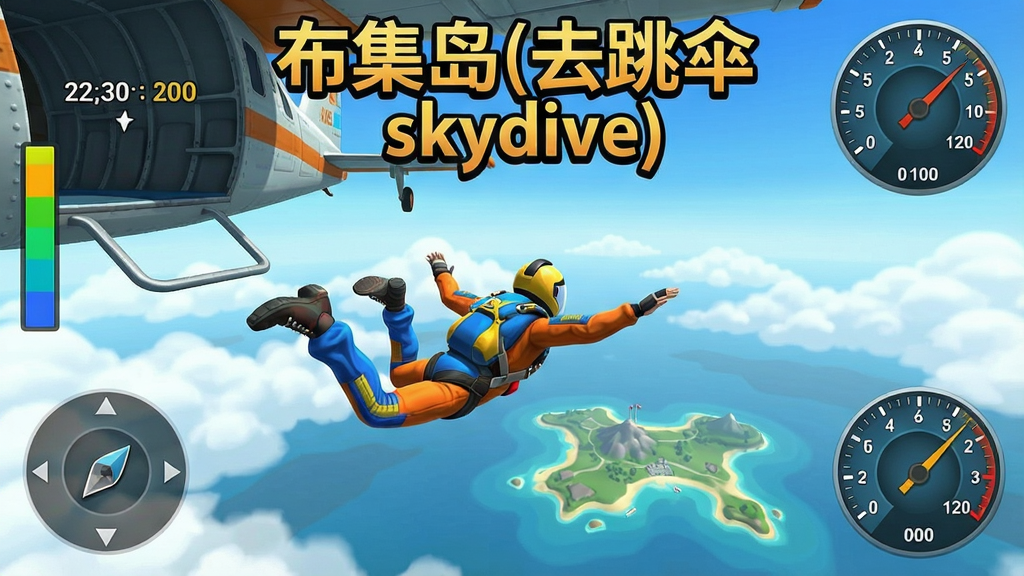 ������(ȥ��ɡskydive)��Ϸ����ɡ�淨��ͼ����ɫ�ӷɻ������£����������������̬���������Ʋ���·��ĵ��죬��Ļ���и߶ȼƺ��ٶ�ָʾ����UI��Ƽ�࣬����ɫ�����ޣ�ͻ����Ϸ���ơ�������(ȥ��ɡskydive)�����������ȣ���ͼ�ɾ����޶���Ԫ��