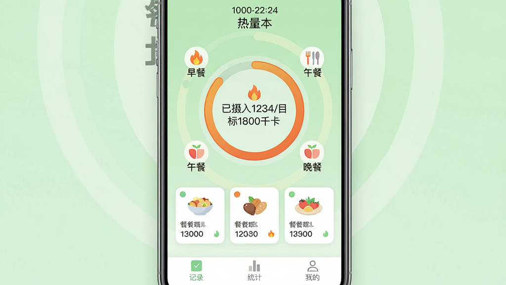 ���壺һ�������ֻ���Ļ��ʾ������APP�����棬��������һ����Ŀ��Բ������������Χ�ֲ�����͡���͡����͵�ͼ�ꡣ���֣��ֻ����У�����Ϊ�������µ�ǳ��ɫ�������·��С���¼����ͳ�ơ����ҵġ�������ǩ�����Ű棺�����涥��Ϊ�����롰���������������м�Ϊ���ν�������ʾ��������1234/Ŀ��1800ǧ�������·�Ϊ�����ʹο�Ƭ����񣺱�ƽ��UI��ƣ�ɫ����ͣ��ִ���ǿ��ϸ�ڣ��������ϴ���С����ͼ�꣬��Ƭ����ʾʳ��Сͼ����������֡����ʣ����壬�ɾ����޶���Ԫ�ء�