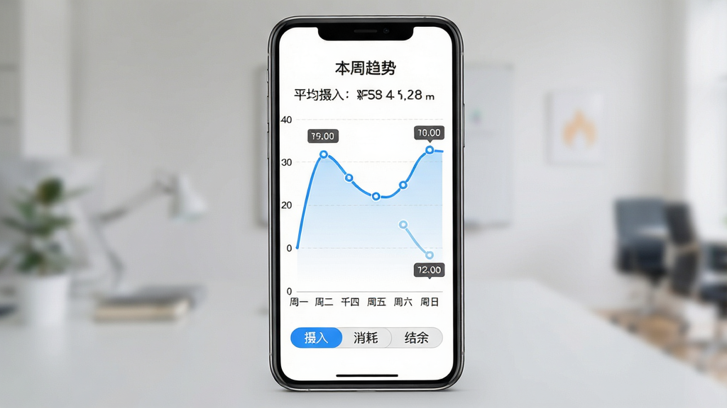 ���壺������APP��ͳ��ҳ�棬��ʾһ��������������ͼ������Ϊ��һ�����գ�����Ϊǧ����ֵ��һ����ɫ��������չʾÿ������仯�����֣��ֻ�����������Ϊ��ɫ��ͼ���Ϸ��С��������ơ������ƽ��������ֵ���Ű棺����ͼ�·����С����롱�����ġ������ࡱ�����л���ť����񣺼�Լ����磬����������ɫ��������ϸ�ڣ�����ͼ�ϵ����ݵ����СԲ���ע����ߵ�����͵���������ʾ�����ʣ����壬�ɾ����޶���Ԫ�ء�