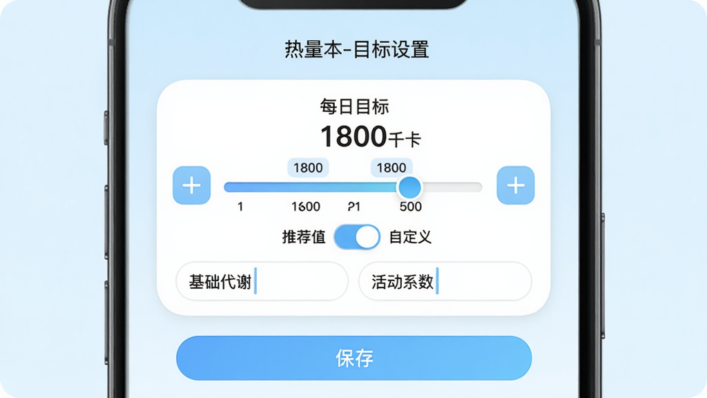 ���壺������APP��Ŀ�����ý��棬��ʾ��ÿ��Ŀ�ꡱ���飬��ֵΪ1800ǧ�����·��С�������л�����ϵ������������򡣲��֣��ֻ�����������Ϊ����ɫ����������Ϊһ���󻬿飬���������мӼ���ť���Ű棺�������⡰������-Ŀ�����á��������·��С��Ƽ�ֵ���͡��Զ��塱�л����������ǳɫ��Բ�ǿ�Ƭ��ϸ�ڣ������ϴ������ֱ�ǩ���ײ��С����桱��ť�����ʣ����壬�ɾ����޶���Ԫ�ء�