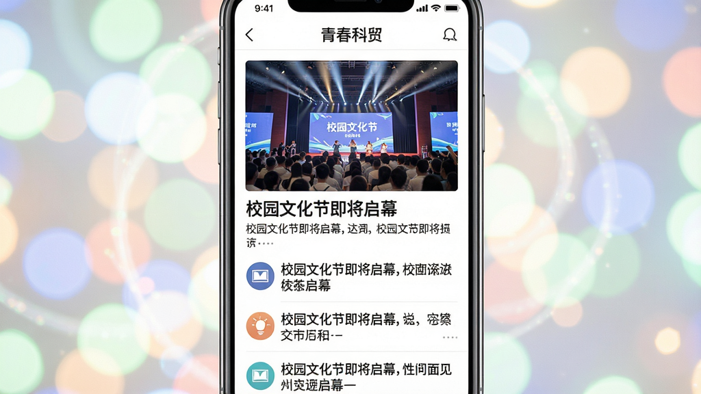 主体为手机竖屏列表界面,展示“青春科贸”资讯频道,头条文章配有大图,标题为“校园文化节即将启幕”,下方排列多条新闻摘要,每条带小图标。背景为抽象的光斑,色调明亮。风格为清新杂志排版风格,图文比例协调,画质干净,无多余元素。