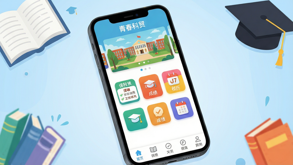 画面主体为一部智能手机屏幕,屏幕内展示“青春科贸”APP主界面,顶部显示校园风景轮播图,中间排列课表、成绩、校历等彩色功能图标,底部导航栏清晰。整体布局居中,手机略微倾斜,背景为柔和的浅蓝色渐变,搭配书本、学士帽等校园元素。风格为现代扁平化插画,细节丰富,色彩明快,画质干净,无多余元素。