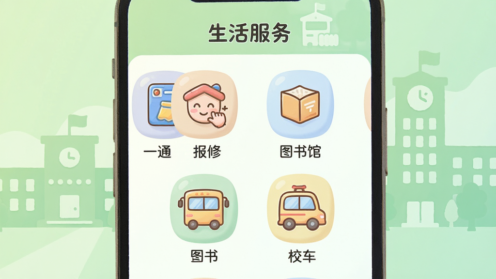 主体为手机应用内“生活服务”页面,网格状排列一卡通、报修、图书馆、校车等图标,每个图标下方有文字标签。背景为浅绿色渐变,点缀校园建筑剪影。风格为清新插画风,图标圆润可爱,色彩柔和,画质干净,无多余元素。