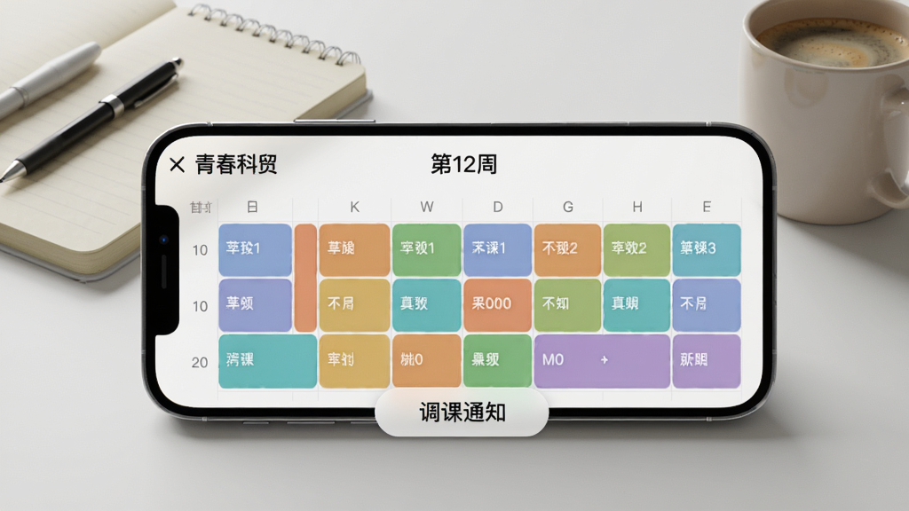 主体为手机横屏界面,展示“青春科贸”课表功能页面,周课表以不同颜色色块区分课程,顶部有“第12周”字样,下方悬浮按钮显示“调课通知”。背景为简约书桌,摆放笔记本和咖啡杯。风格为写实3D渲染,光线柔和,细节清晰,画质干净,无多余元素。