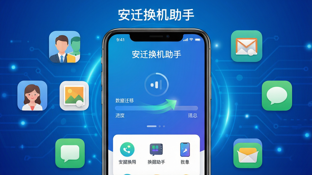 主体:安迁换机助手软件主界面展示,手机屏幕中显示数据迁移进度条,周围环绕联系人、照片、短信等图标。布局:居中构图,主界面占视觉中心,背景为渐变蓝色科技感光效。排版:界面元素清晰,功能图标排列整齐,顶部显示“安迁换机助手”字样。风格:现代简约,扁平化设计,高饱和色彩,科技感十足。细节:数据迁移动画流畅,界面文字清晰可读,图标精致。画质:高清渲染,干净无多余元素。