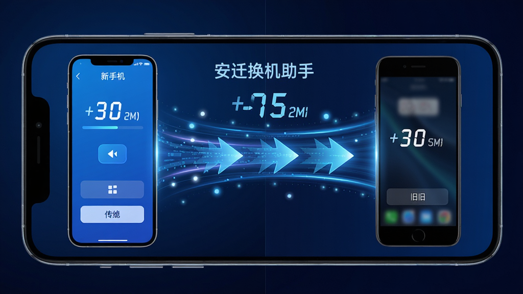 主体:手机屏幕显示安迁换机助手极速传输界面,动态箭头表示数据流动。布局:左右分屏,左侧为新手机,右侧为旧手机,中间有高速数据流连接。排版:界面简洁,传输速度数字醒目,功能按钮清晰。风格:科技蓝主色调,动感线条,现代感强。细节:数据流带有光效,速度标识明显,背景为深色渐变。画质:高清,干净,无多余元素。