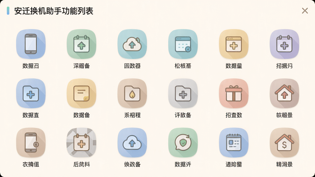 主体:安迁换机助手功能列表界面,展示多种数据类型图标。布局:网格状排列,图标统一大小,背景为浅色。排版:图标下方配有中文标签,界面清爽。风格:扁平化,色彩柔和,亲和力强。细节:每个图标设计精致,代表不同数据类别,整体排列整齐。画质:高清,干净,无多余元素。