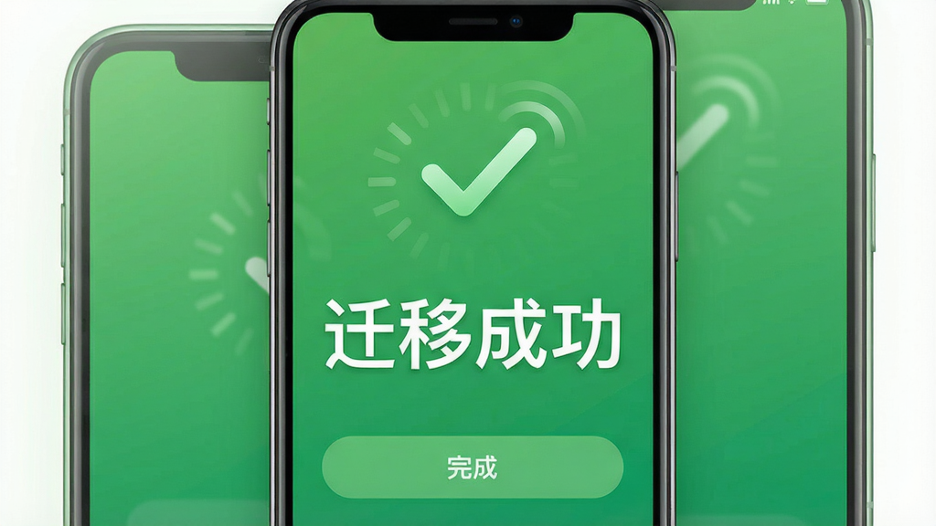 主体:手机截图展示安迁换机助手迁移完成页面,显示“迁移成功”字样。布局:居中,成功对勾图标,背景为绿色渐变。排版:文字大而醒目,下方有“完成”按钮。风格:简洁清爽,绿色主色调,象征成功。细节:对勾动画效果,文字清晰,背景干净。画质:高清,无多余元素。