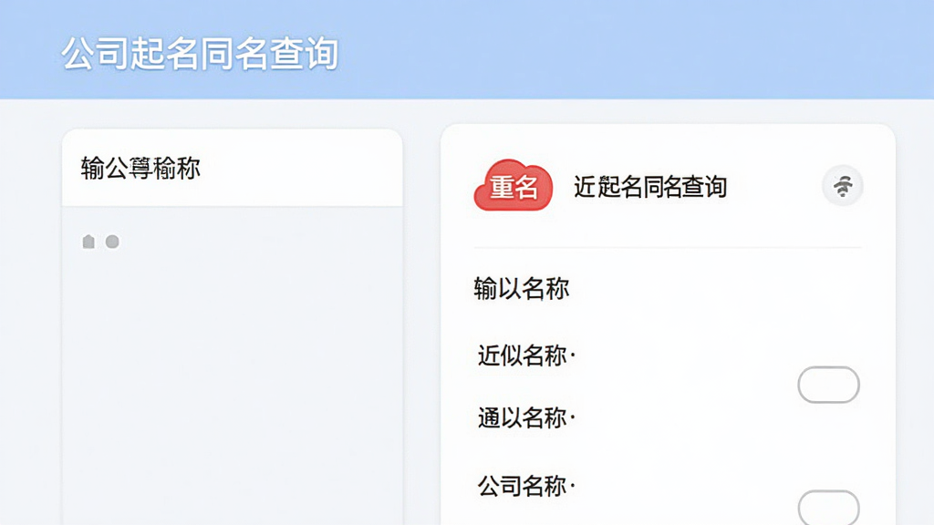 展示软件查重结果页面的界面设计,左侧为输入的公司名称,右侧显示红色“重名”警示标志及近似名称列表,背景为白色卡片式布局,风格简约清晰,突出“公司起名同名查询”品牌,画质干净,无多余元素。