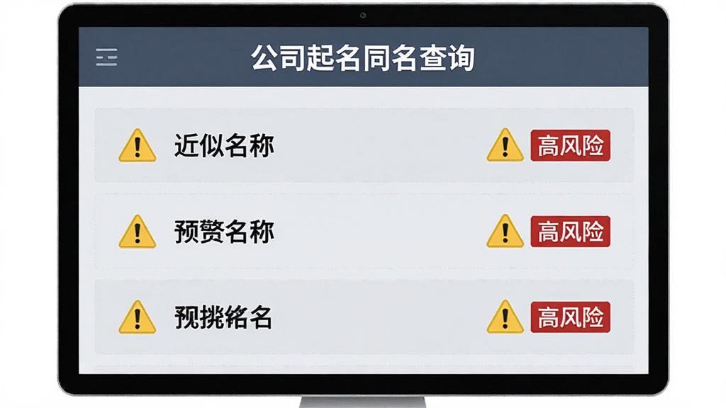 展示近似名称预警功能的界面,屏幕上列出三个近似名称,每个名称旁有黄色警告三角形图标和“高风险”文字,背景为浅灰色,风格专业,体现“公司起名同名查询”的严谨性,画质清晰,无多余元素。