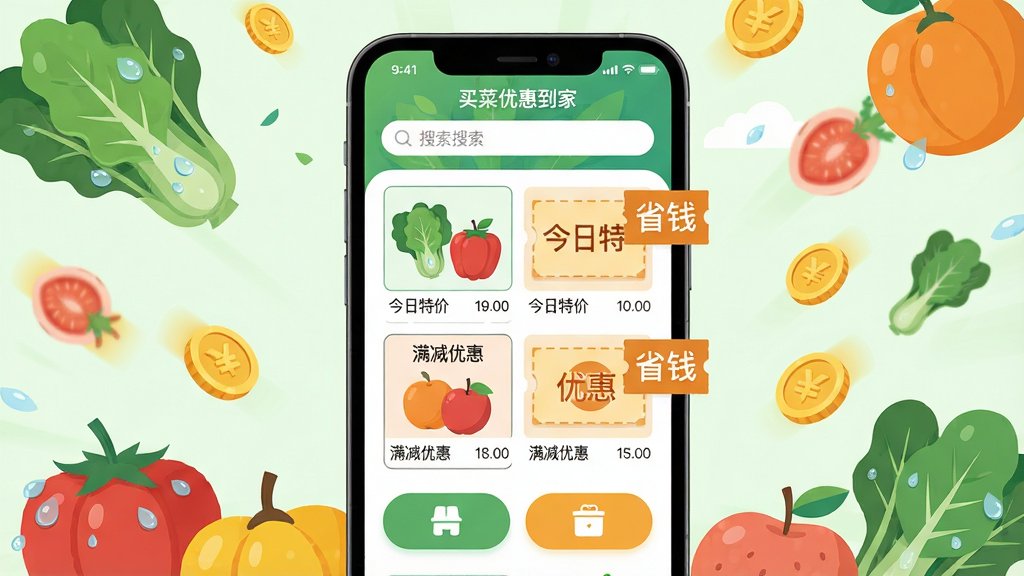 ���壺һ�������ֻ���Ļ��ʾ������Żݵ��ҡ�APP�����棬������չʾ�����߲ˡ�ˮ�����Ż�ȯ��ǩ�����֣��ֻ����У���Ļ���������ɼ�����Χ��ɢ����߲�ˮ���ͽ��Ԫ�ء��Ű棺�ֻ���Ļ�ڵ��б��������룬�Ϸ������������·��й��ܰ�ť����񣺱�ƽ���廭���ɫ���������¡�ϸ�ڣ��߲�ˮ���ϴ���ˮ�飬�Ż�ȯ��ǩ���С�ʡǮ���������ֻ���Ļ����ʾ�������ؼۡ��͡������Żݡ����֡����ʣ����壬�ɾ����޶���Ԫ�ء�
