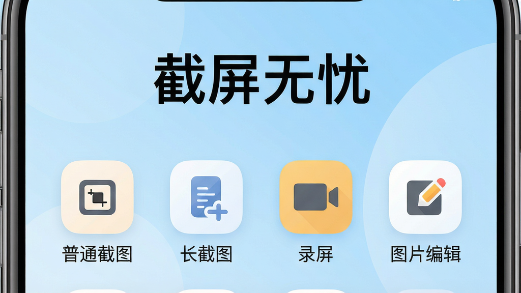 一张高清手机屏幕展示截屏无忧APP主界面,界面简洁现代,上方显示“截屏无忧”四个大字,下方排列着“普通截图”、“长截图”、“录屏”、“图片编辑”四个功能图标,背景为浅蓝色渐变,图标采用圆角扁平化设计,整体风格干净明亮,画质清晰,无多余元素