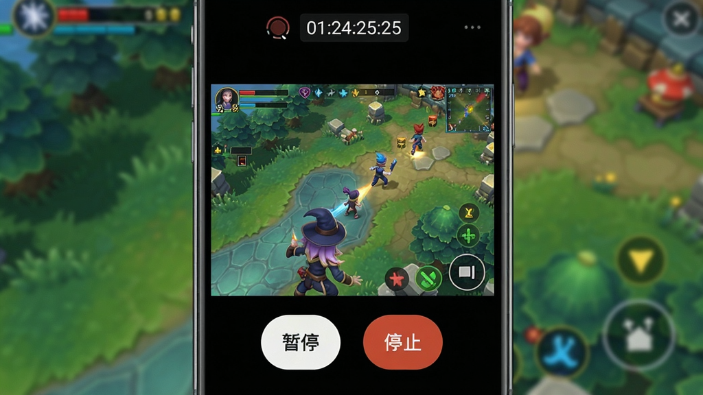 截屏无忧APP录屏功能界面,手机屏幕上方有录制时间显示,下方有“暂停”、“停止”悬浮按钮,背景为游戏画面,画面清晰,色彩鲜艳,界面简洁,画质高清,无多余元素