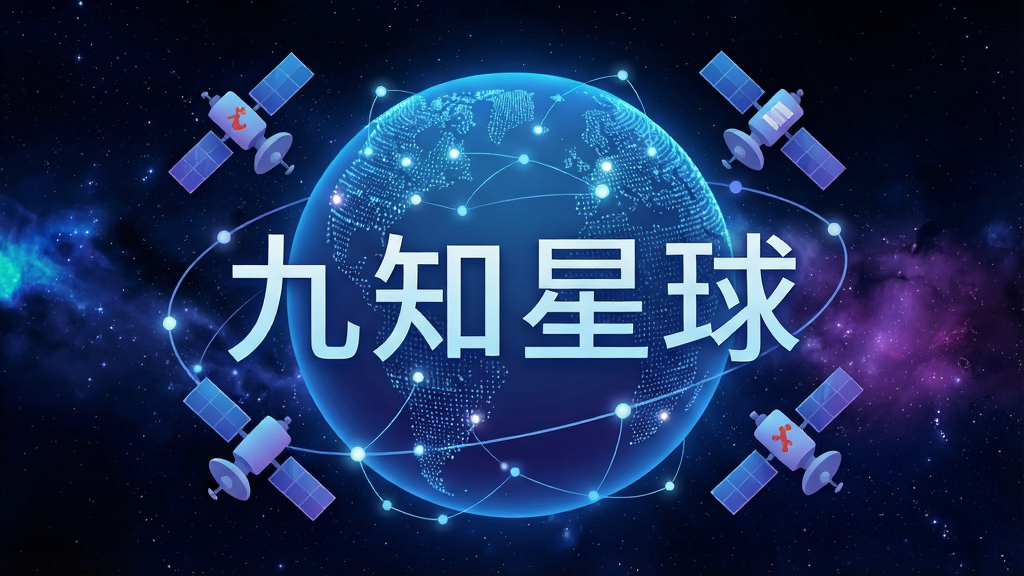 一幅充满科技感与梦幻色彩的数字星球概念图,主体是一个发光的蓝色星球,表面由无数光点与数据流构成,象征知识网络。星球周围环绕着几颗小卫星,每颗卫星代表不同的兴趣领域,如艺术、科学、文学。画面中央悬浮着“九知星球”四个字,字体为现代简约风格,带有微光效果。背景是深邃的星空,点缀着繁星与星云。整体布局以星球为中心,文字置于视觉焦点,排版清晰。风格为扁平化与3D结合,色彩以蓝紫渐变为主,突出未来感与探索氛围。细节包括星球表面的网络节点连接线,光点闪烁,画质高清,干净无多余元素。